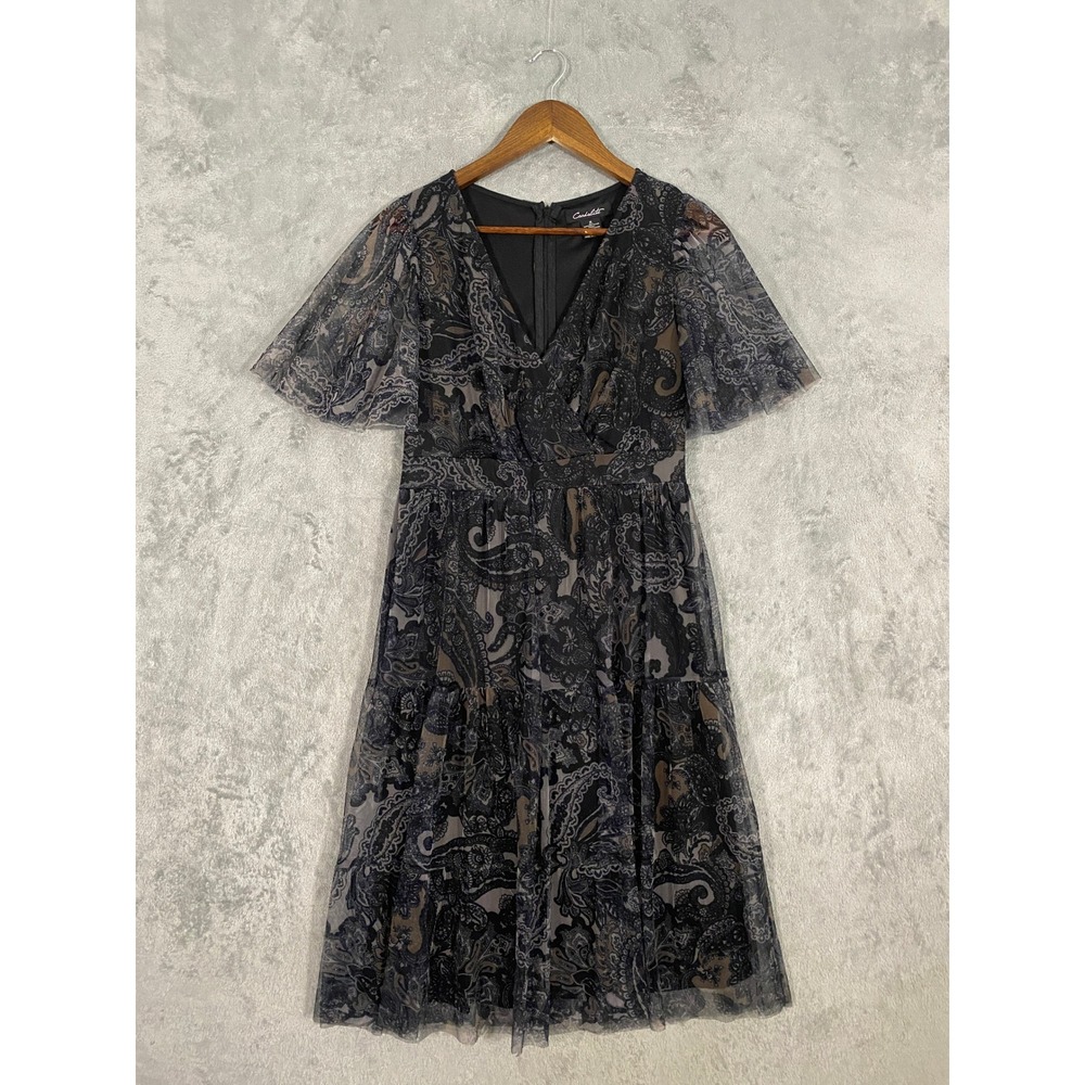 Candalate Dress‎ Sz M Black Paisley Mesh Flutter Sleeve Tiered Fairy Whimsigoth